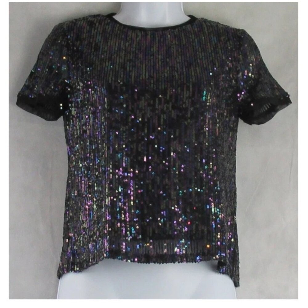 NWT Anne Klein Women's Iridescent Sequined Short-Sleeve Top, Black Mult, PXXS
